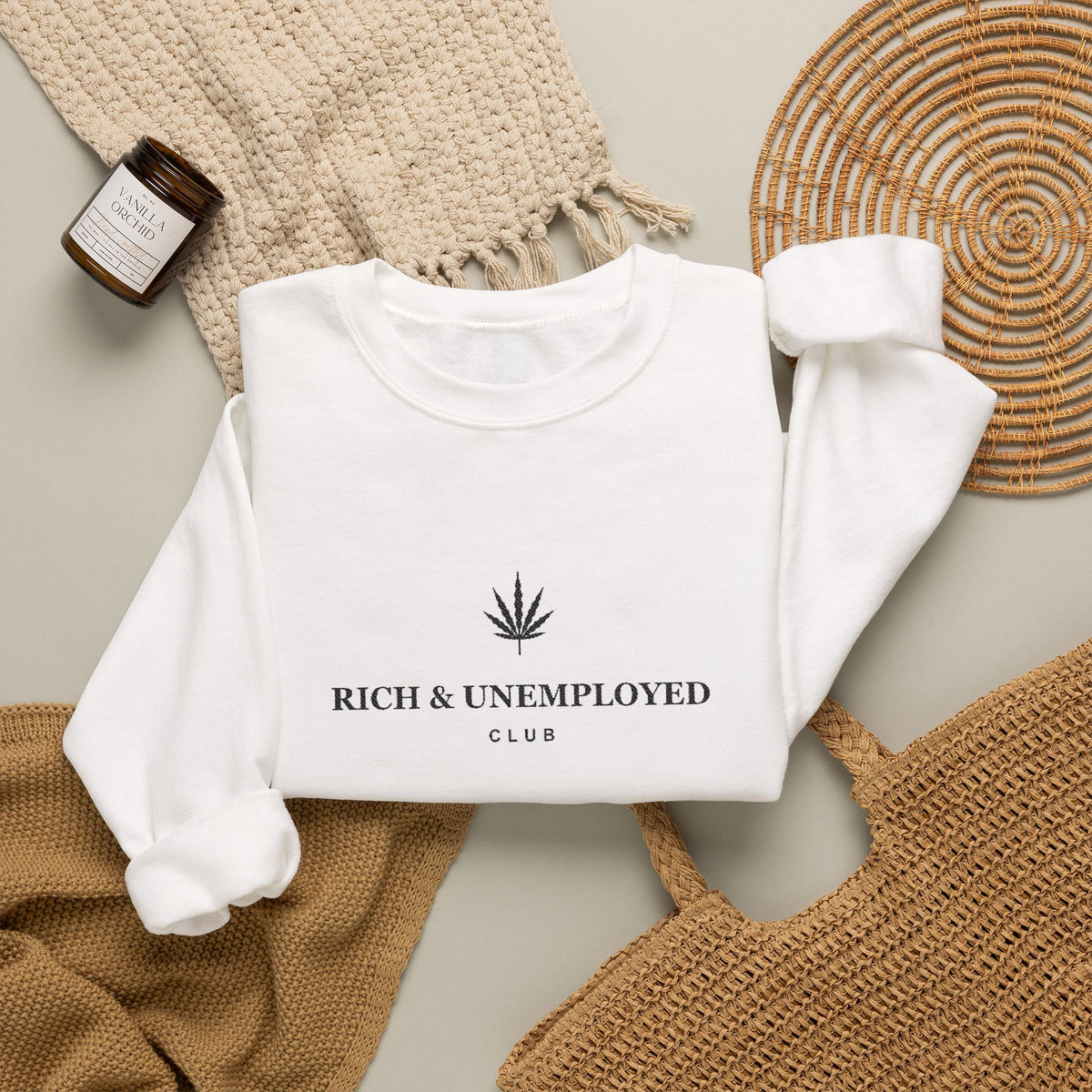 Crewneck Sweatshirt — "Rich & Unemployed" Minimal Logo Crew