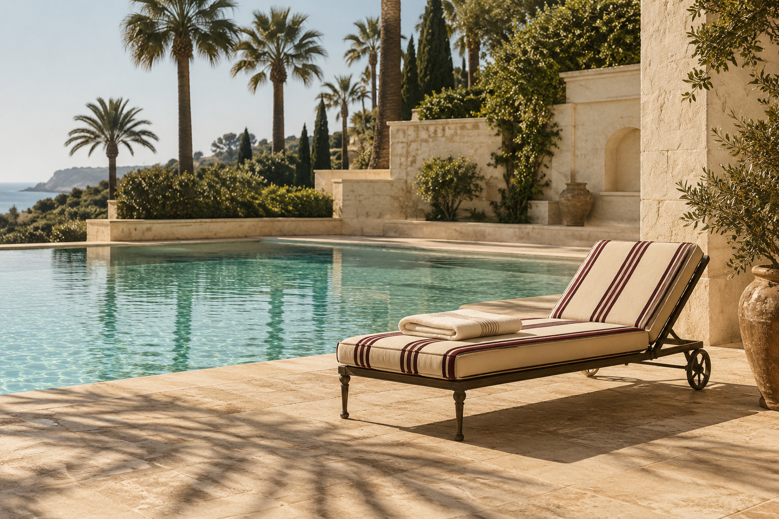 An empty striped lounger beside a sunlit pool